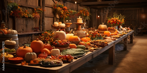 halloween pumpkin and pumpkins ,A rustic barn adorned with Thanksgiving decor ,A table full of food including pumpkins and gourds generative ai
