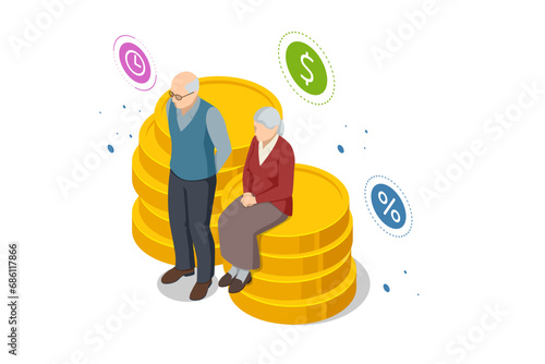 Isometric Retirement savings concept. Financial independence idea. Economy and wealth. Grandparents saved up money for comfortable old age.