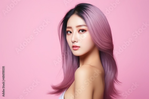 Young beautiful Asian woman looking at camera close up with natural Korean makeup, perfect clean skin, curly dark hair. 