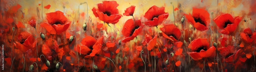 Obraz premium A vibrant carpet of red poppies swaying rhythmically on a breezy afternoon, with shadows dancing delicately among them.