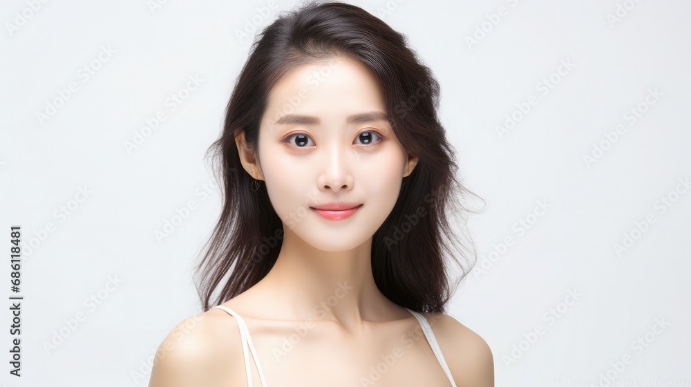 Young beautiful Asian woman looking at camera close up with natural Korean makeup, perfect clean skin, curly dark hair. White background with copy space. Beauty skin care Young beautiful Asian woman looking at camera close up with natural Korean makeup, perfect clean skin, curly dark hair. White background with copy space. Beauty skin care