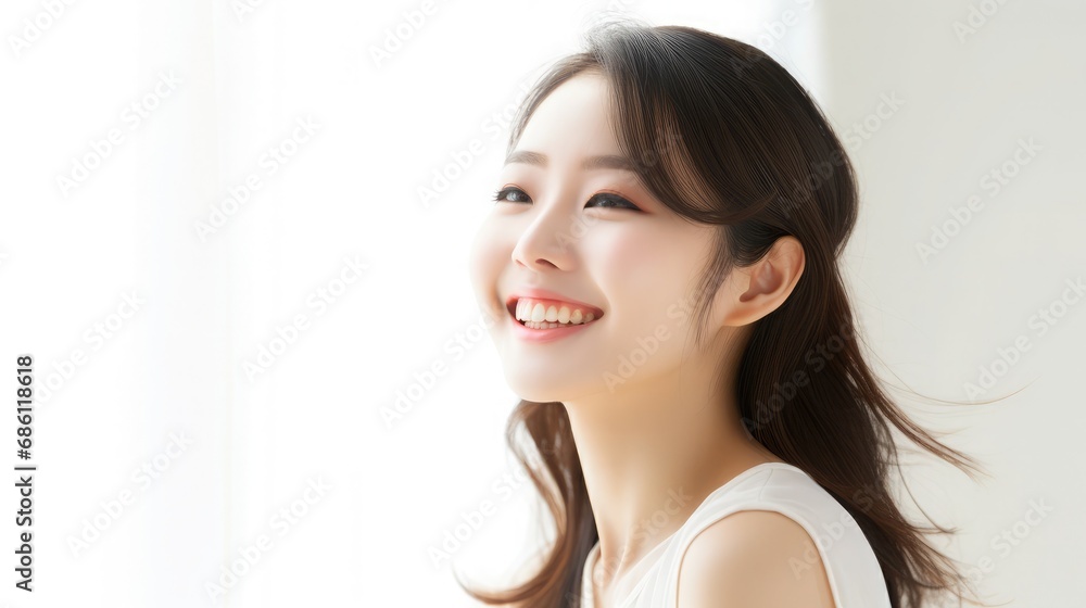 Young beautiful Asian woman looking at camera close up with natural Korean makeup, perfect clean skin, curly dark hair. White background with copy space. Beauty skin care Young beautiful Asian woman looking at camera close up with natural Korean makeup, perfect clean skin, curly dark hair. White background with copy space. Beauty skin care