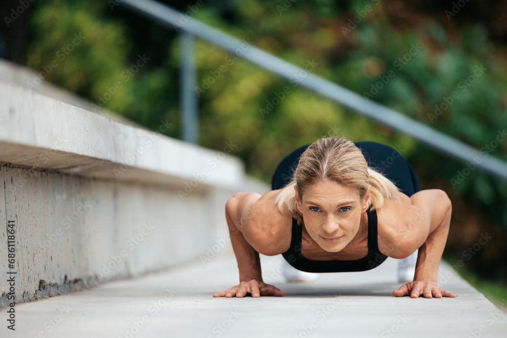 Blonde woman doing push ups outdoor. Blonde woman doing push ups outdoor.