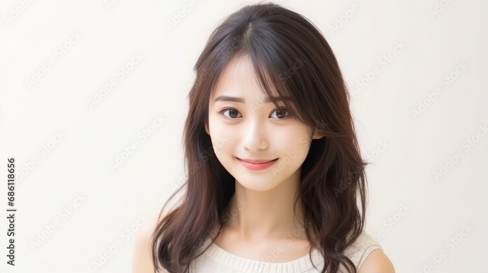 Young beautiful Asian woman looking at camera close up with natural Korean makeup, perfect clean skin, curly dark hair. White background with copy space. Beauty skin care Young beautiful Asian woman looking at camera close up with natural Korean makeup, perfect clean skin, curly dark hair. White background with copy space. Beauty skin care