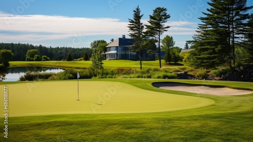 a golf green with a flagstick, perfectly manicured and framed by a serene natural landscape.