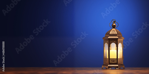 Ramadan Kareem Mubarak greeting background with beautiful Arabic lantern and Islamic new year muharram copy space background.