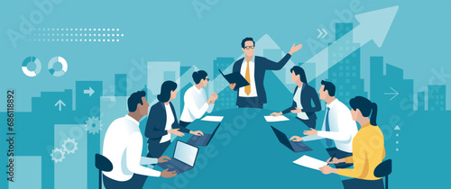Strategy. Business plan. Large business group. Vector illustration.