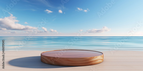 Wooden podium on a tropical beach with the clear blue sea in the background © Putra