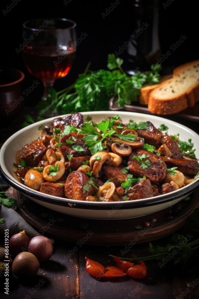Coq au vin on wooden table shoot from above .Chicken and wine Classic French cuisine Coq au vin on wooden table shoot from above .Chicken and wine Classic French cuisine