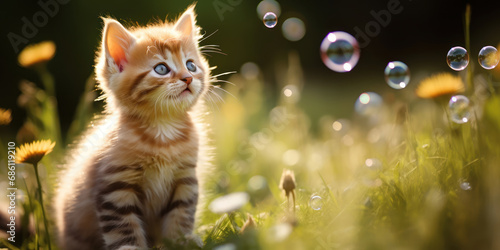 An adorable kitten reaches for floating bubbles amidst a meadow, a scene of pure joy and curiosity