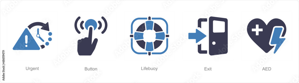 A set of 5 Emergency icons as urgent, button, lifebuoy A set of 5 Emergency icons as urgent, button, lifebuoy
