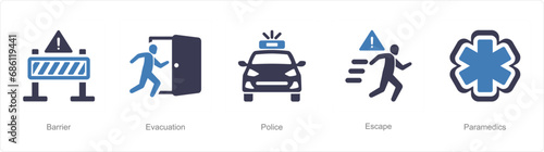 A set of 5 Emergency icons as barrier, evacuation, police