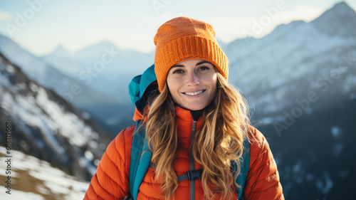 Beautiful young female hiker standing on high mountain