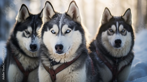A group of huskies in a moment of rest during a snow-covered sled dog race  their endurance and strength on display in the wintery competition.