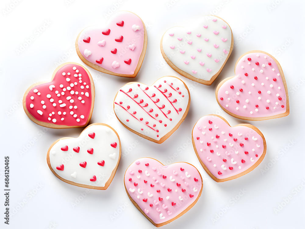 Decorated heart shaped sugar cookie with glaze and hearts, white background  top view