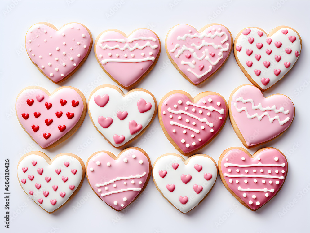 Decorated heart shaped sugar cookie with glaze and hearts, white background top view Decorated heart shaped sugar cookie with glaze and hearts, white background top view