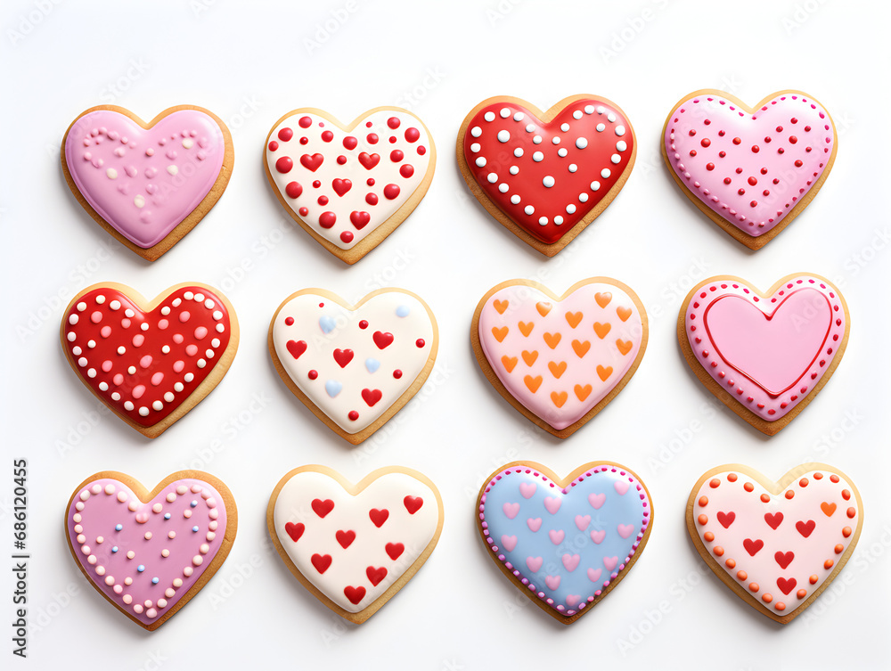 Fototapeta premium Decorated heart shaped sugar cookie with glaze and hearts, white background top view