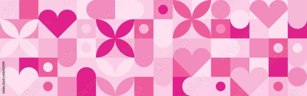 Seamless pink background for Mother's Day card template. Trendy geometric shapes with circles, squares and hearts in retro style for a Valentine's Day or wedding day cover. Seamless pink background for Mother's Day card template. Trendy geometric shapes with circles, squares and hearts in retro style for a Valentine's Day or wedding day cover.
