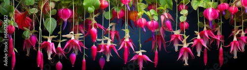 The intricate dance of fuchsia petals as they hang delicately from their stems, a vivid burst of color in a lush green garden.