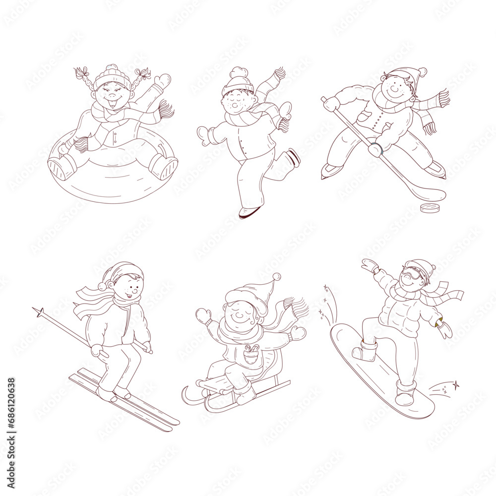 Children and winter sports. A vector set in the doodle style.