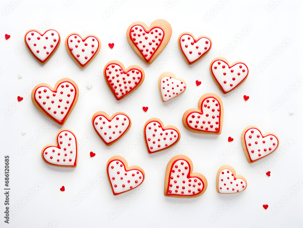 Heart shaped sugar cookie with glaze and red sprinkles, white background 