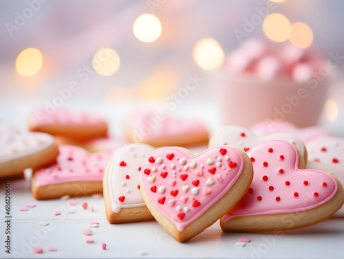 Close up of decorated pink heart shaped sugar cookies , blurry lights background
