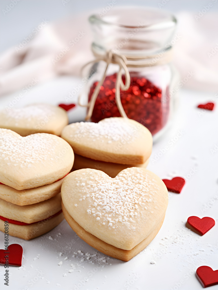 Decorated heart shaped sugar cookies with red hearts , white background Decorated heart shaped sugar cookies with red hearts , white background