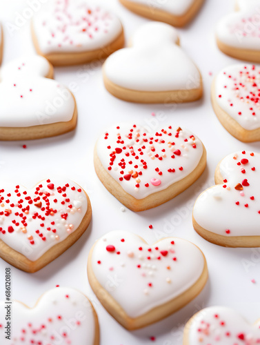 Heart shaped sugar cookie with glaze and red sprinkles, white background 