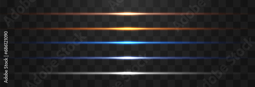 Set of horizontal lens flares. Abstract lights lines on png. Vector laser beams. Glowing streaks on dark background. Luminous neon lines isolated on trasparent backgound.