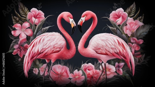 Two pink flamingos bend their necks in the shape of a heart.