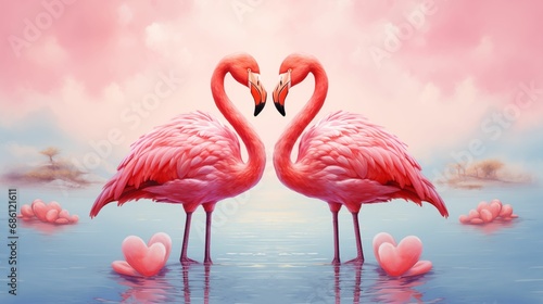 Two pink flamingos bend their necks in the shape of a heart. photo