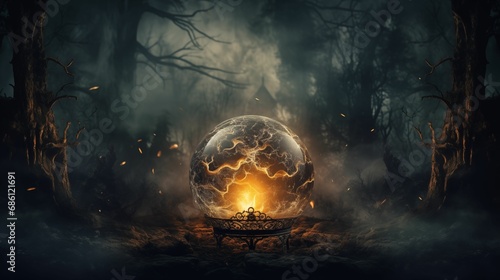 Сrystal ball for future prediction enveloped in smoke against a dark background.