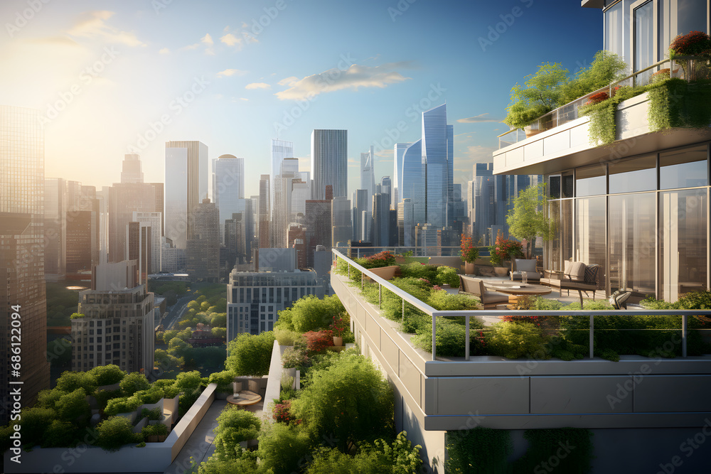 Fototapeta premium Building with terraces on different levels with a lot of plants on them with cityscape with skyscrapers in the background ai generated art.