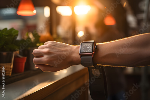Wrist with hand smartwatch on it with sunlight in background ai generated art.   photo