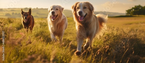 Three dogs are strolling in a field.