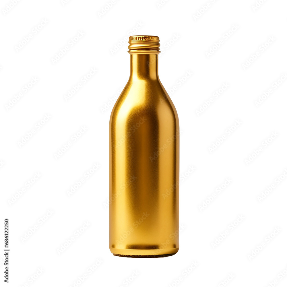 A bottle of gold color is shown isolated on transparent background A bottle of gold color is shown isolated on transparent background