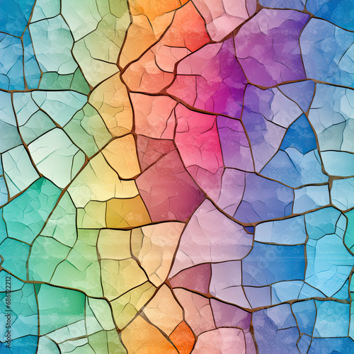 Seamless cracked rainbow glass texture background, ai generative pattern