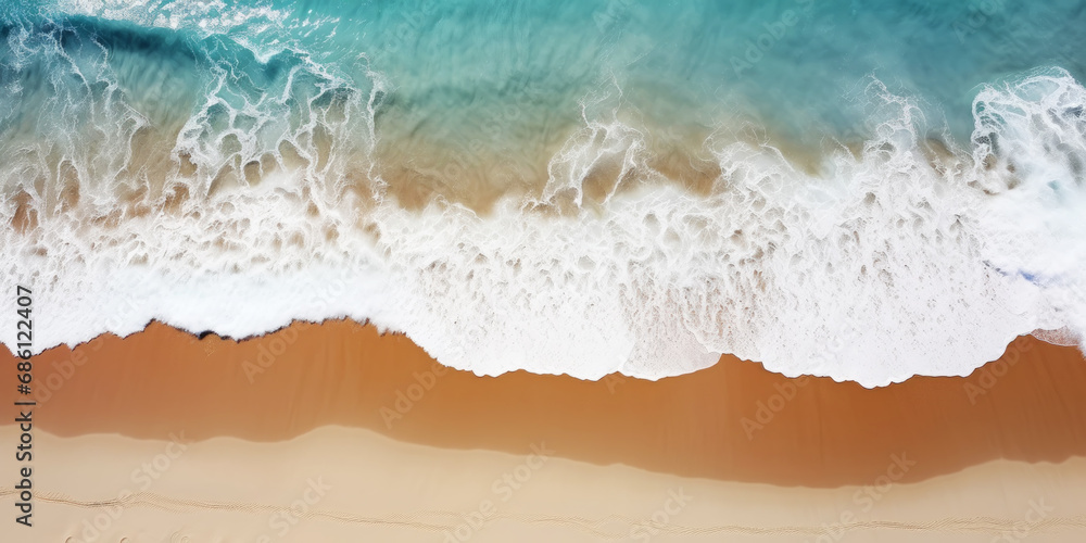 Sea aerial view of seascape ocean waves in sunny day beach sand concept. Top view from drone. Generative AI