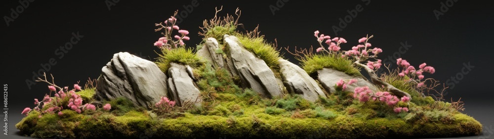 The plush landscape of a moss-covered rock, tiny pink heather flowers emerging like nature's own garden in miniature.