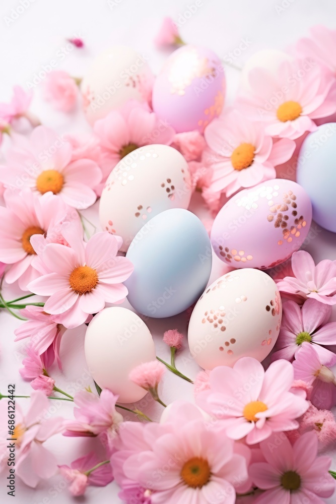 of Easter eggs and springtime flowers over white background. Spring holidays concept, vertical banner or wallpaper,  copy space. for text
