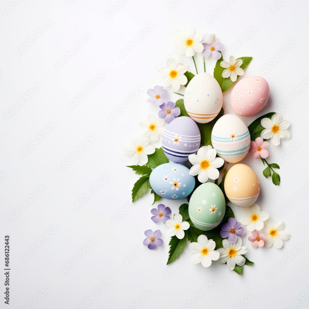 Top view of Easter eggs and springtime flowers over white background. Spring holidays concept, vertical banner or wallpaper, copy space. for text
Top view of Easter eggs and springtime flowers over white background. Spring holidays concept, vertical banner or wallpaper, copy space. for text