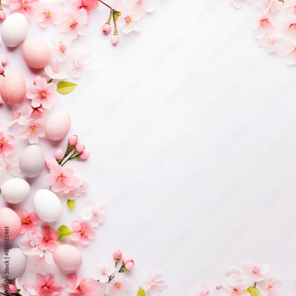 Top view of Easter eggs and springtime flowers over white background. Spring holidays concept, square  banner or wallpaper,  copy space. for text
