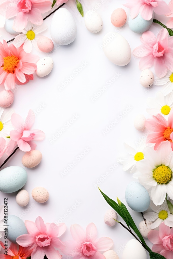 Top view of Easter eggs and springtime flowers over white background. Spring holidays concept, vertical banner or wallpaper,  copy space. for text
