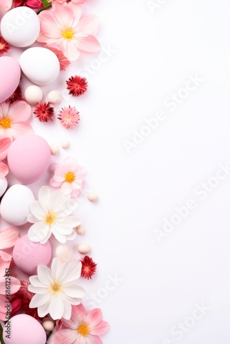 Top view of Easter eggs and springtime flowers over white background. Spring holidays concept  vertical banner or wallpaper   copy space. for text 