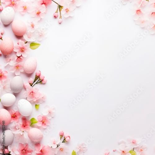 Top view of Easter eggs and springtime flowers over white background. Spring holidays concept, square banner or wallpaper, copy space. for text 