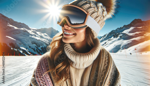 Embodying the spirit of winter, a female skier, adorned with ski goggles and a chic knitted hat, graces the snowy slopes.  photo