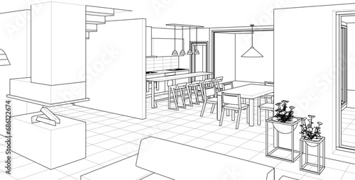 interior kitchen living room 3d illustration	
