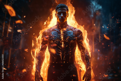 man in futuristic suit standing in dark room with fire coming out of his chest generative ai