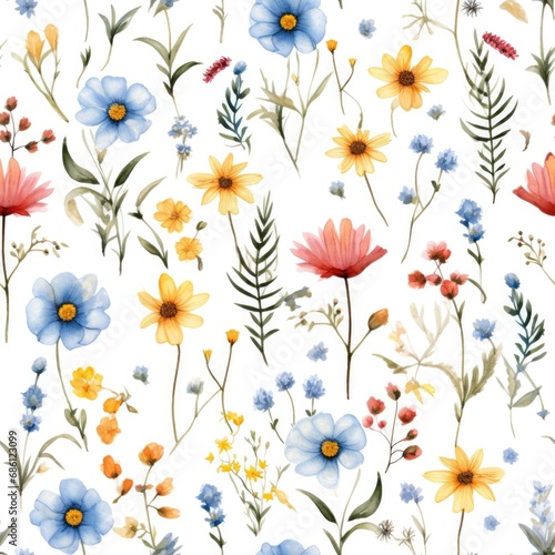 Seamless pattern of watercolor field flowers white background © dashtik