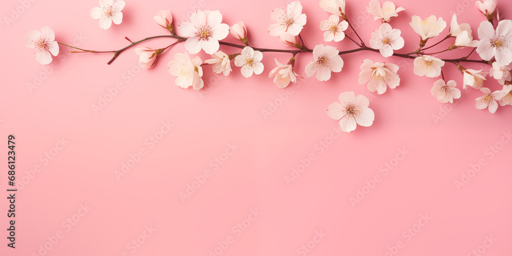 Beautiful white flowers on pink background. Banner with place for text.